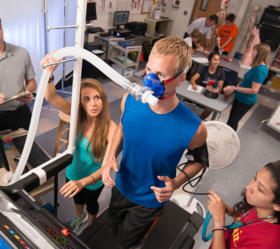 Students from the exercise science program gather data in a lab session.